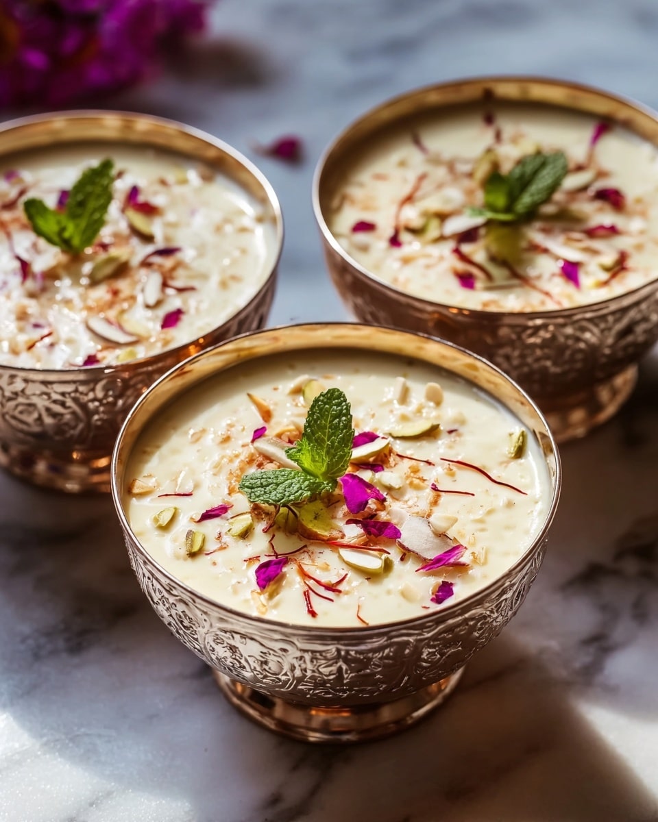 Three ornate decorative metal bowls filled with creamy, rich Indian kheer pudding, garnished evenly with chopped nuts, saffron strands, and rose petals, each topped with a fresh mint leaf, arranged together on a white marble countertop, styled with natural light for an elegant food magazine hero shot, professional photography photo taken with an iphone --ar 4:5 --v 7
