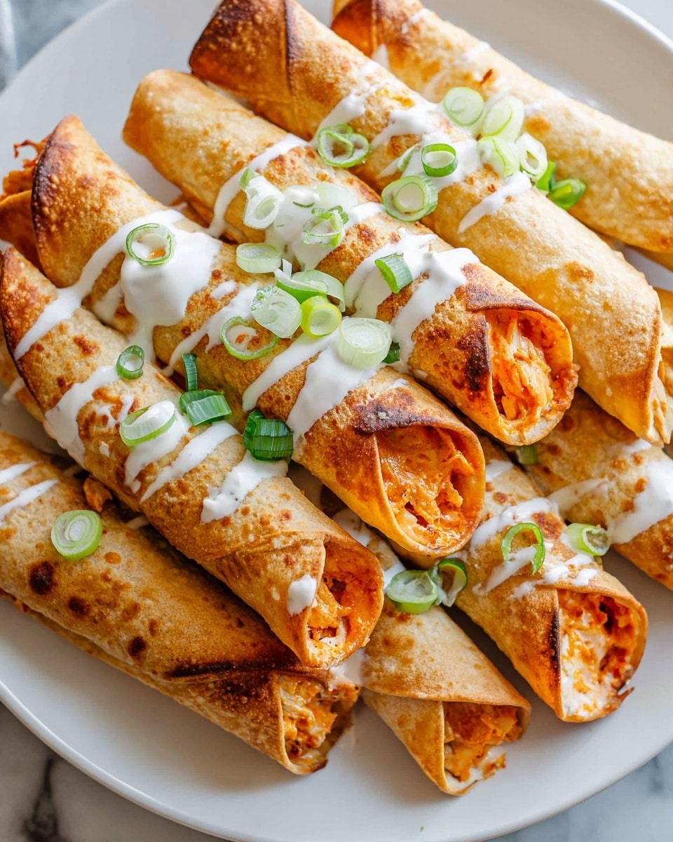 Large white plate filled with multiple golden-brown taquitos, tightly rolled and evenly toasted to a crisp, bursting with creamy orange spiced chicken filling, topped with drizzles of white creamy sauce and garnished with fresh sliced green onions, whole dish captured from a professional 3/4 angle on a white marble surface with natural light, styled like a hero shot in a food magazine, photo taken with an iphone --ar 4:5 --v 7