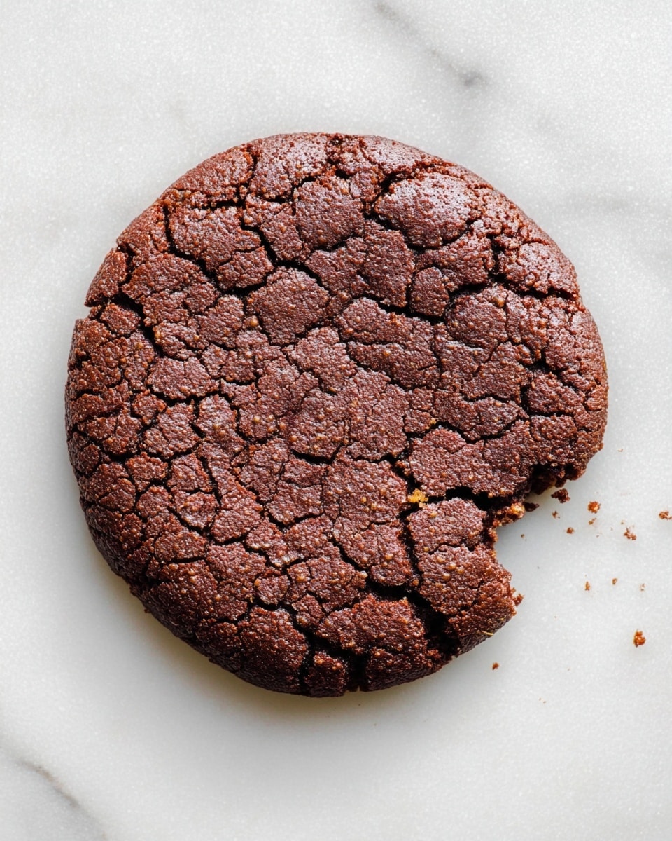 Whole large round chocolate cookie with crisp edges and a cracked textured surface, displayed on a clean white marble background, photographed from above with natural lighting, professional food styling, full cookie in frame, photo taken with an iphone --ar 4:5 --v 7