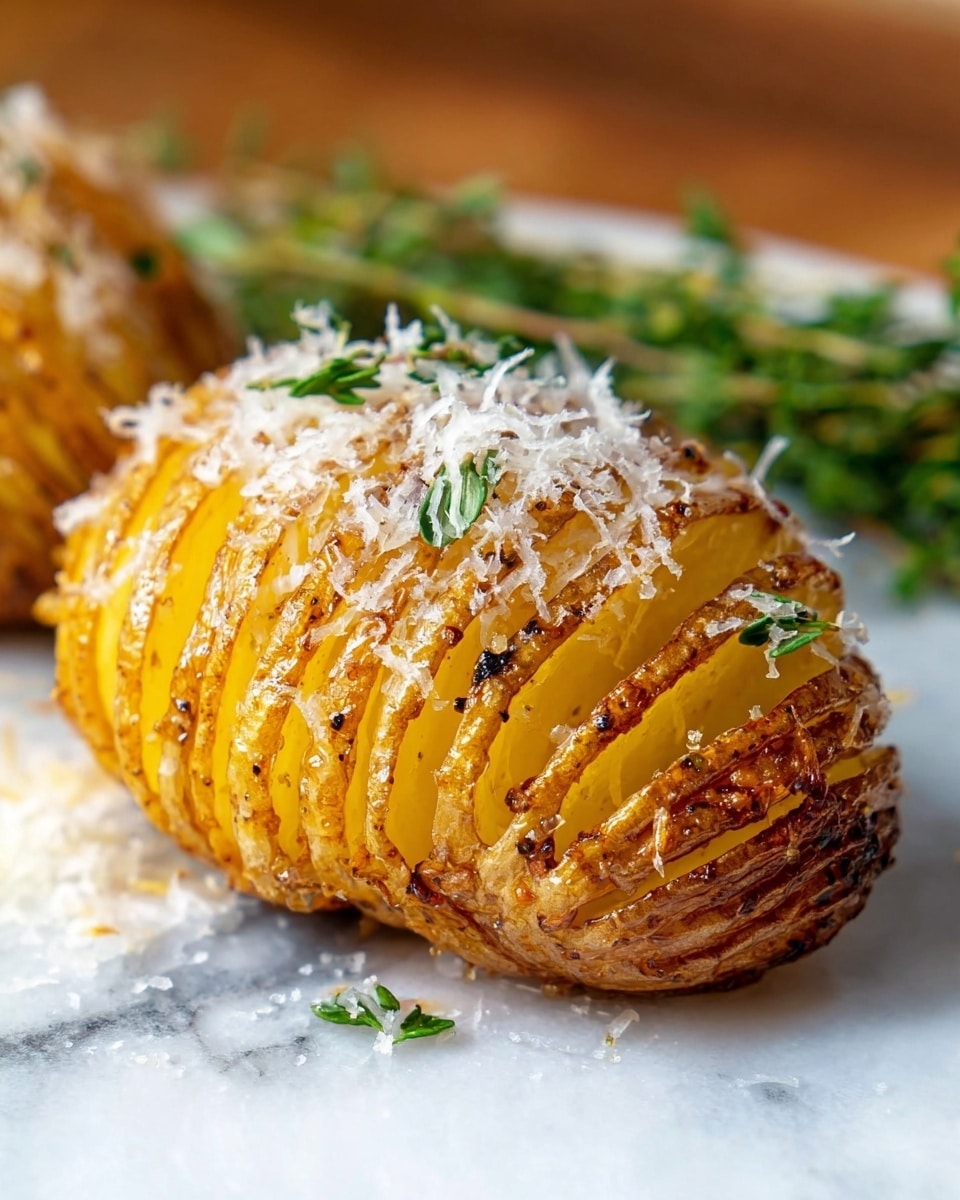 A white rectangular baking dish filled with multiple golden-brown Hasselback potatoes, each sliced thinly and fanned out, generously sprinkled with freshly grated parmesan cheese and fresh thyme leaves, the potatoes seasoned with cracked black pepper and herbs, the entire dish displayed on a white marble countertop with natural lighting, professional 3/4 angle hero shot photo taken with an iphone --ar 4:5 --v 7