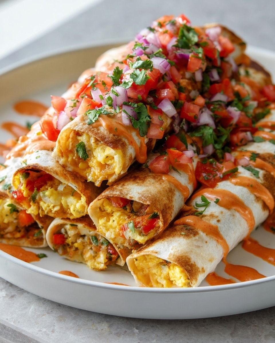 Large white serving dish filled with a full stack of breakfast burritos made from soft tortillas wrapped around scrambled eggs mixed with finely chopped red and green bell peppers and melted cheddar cheese, topped generously with fresh pico de gallo featuring diced tomatoes, red onions, and cilantro, finished with a drizzle of creamy red sauce, whole dish photographed from a 3/4 angle on a white marble countertop with natural light, professional food magazine hero shot photo taken with an iphone --ar 4:5 --v 7