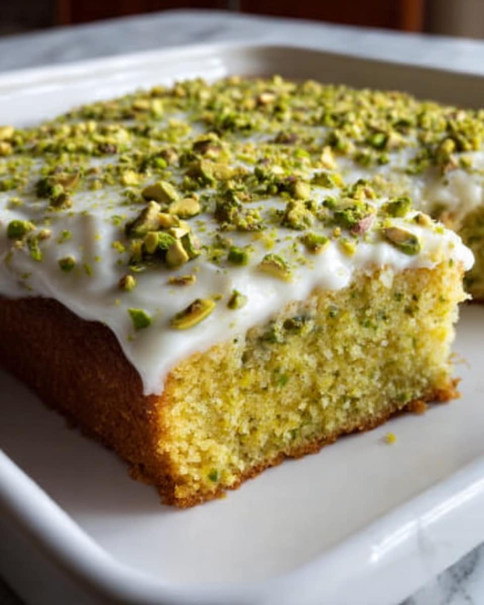 A full rectangular white baking dish filled with a freshly baked vibrant yellow pistachio cake, topped with a smooth, creamy white frosting evenly spread across the entire surface, generously sprinkled with crushed bright green pistachios for a textured garnish. The cake is whole and undisturbed, showcasing its moist, tender crumb peeking slightly beneath the frosting at the edges. The scene is captured in a professional 3/4 angle shot on a pristine white marble countertop, bathed in natural daylight for a bright and inviting food magazine hero image. Photo taken with an iphone --ar 4:5 --v 7