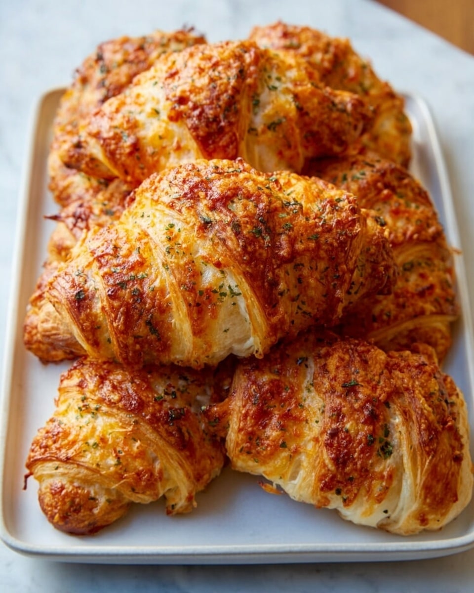 A large white rectangular serving platter displaying a full batch of golden-brown croissants, each with a crisp, flaky crust and sprinkled with a generous coating of herbs and cheese, arranged in neat rows to showcase their uniform, puffed shape and texture, set against a white marble background with natural lighting that highlights the rich, buttery layers and savory topping, styled as a professional hero shot from a food magazine, photo taken with an iphone --ar 4:5 --v 7