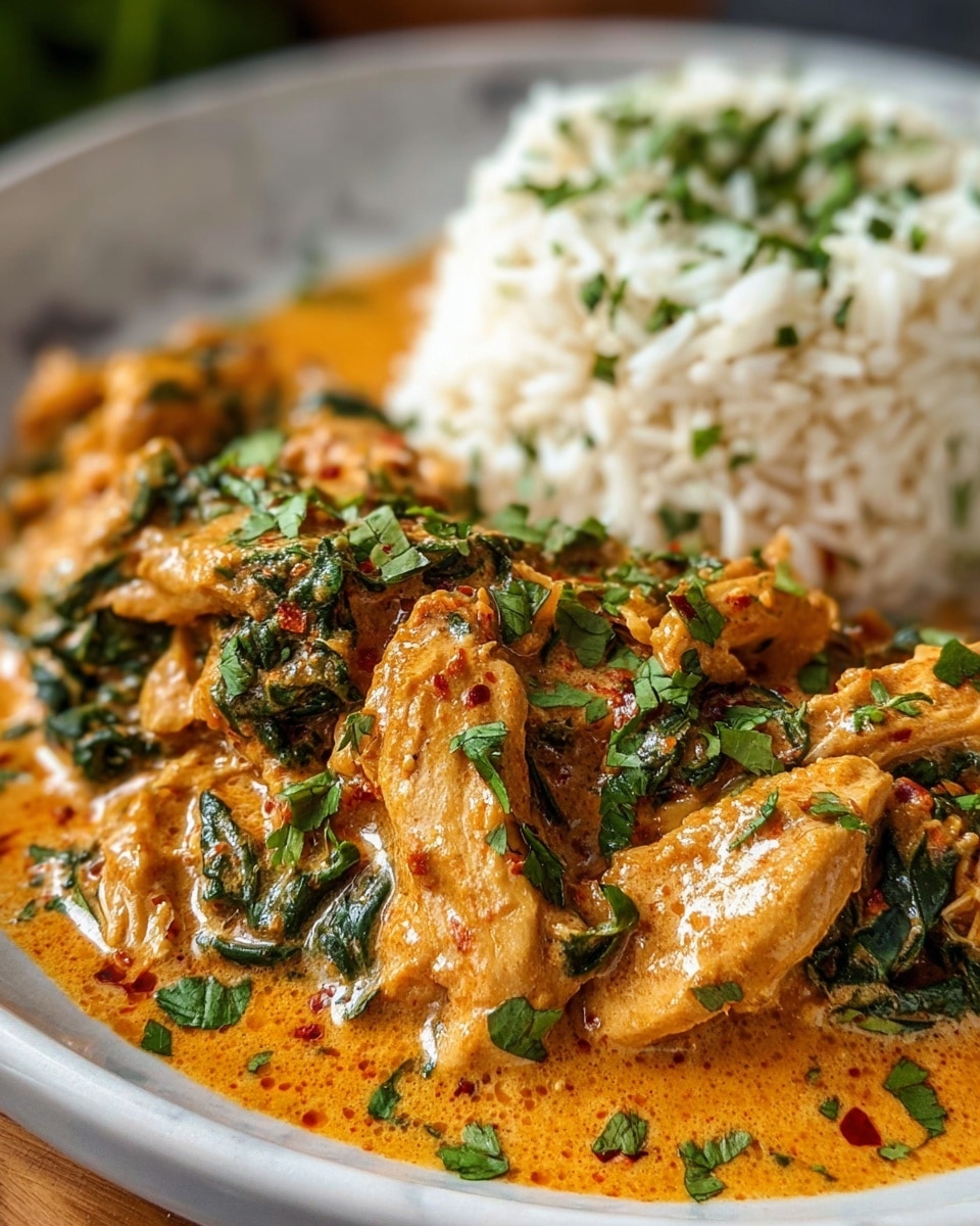 Large white serving bowl filled with creamy chicken curry richly mixed with spinach and sun-dried tomatoes, the sauce velvety and vibrant orange-red, garnished generously with fresh chopped cilantro, accompanied by a mound of fluffy white rice on the side inside the same bowl, whole dish showcased from a 3/4 angle on a white marble countertop with natural lighting, professional food magazine style photo taken with an iphone --ar 4:5 --v 7