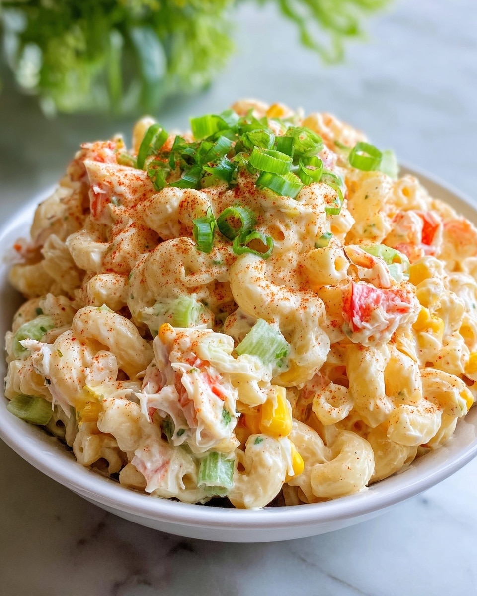 Large white serving bowl filled with creamy macaroni salad featuring whole elbow pasta mixed with chunks of imitation crab, diced celery, sweet corn kernels, and garnished with generous slices of fresh green onion, all lightly sprinkled with paprika, the entire dish presented on a white marble countertop with natural lighting, photographed from a 3/4 angle as a professional food magazine hero shot, photo taken with an iphone --ar 4:5 --v 7