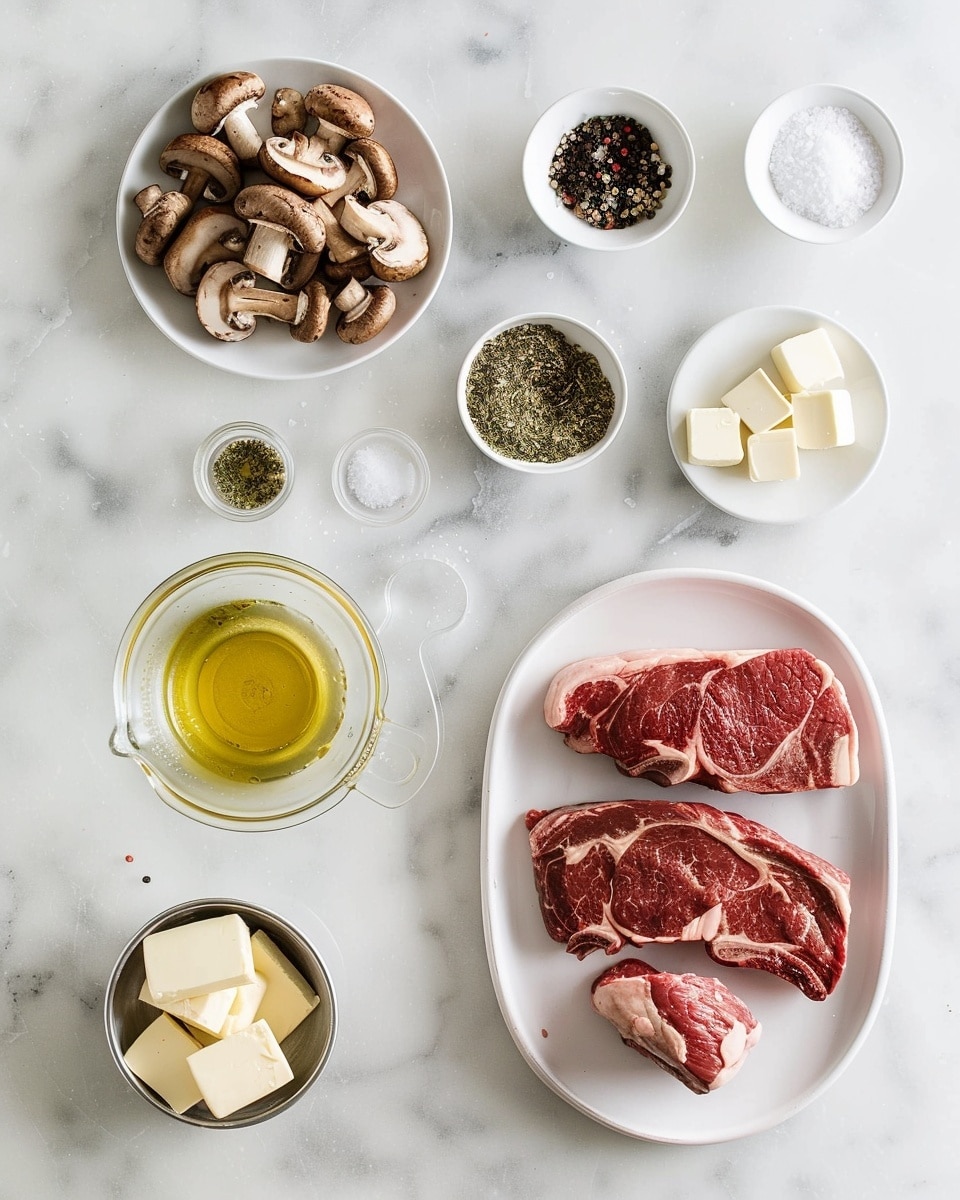 Single white plate featuring one juicy filet mignon steak topped with rich mushroom cream sauce, close-up angle emphasizing the seared crust and tender interior, mushrooms glistening in the creamy sauce, with visible cracked black pepper specks, natural lighting highlighting the textures and depth, placed on a white marble surface, styled as a plated serving ready to eat, photo taken with an iphone --ar 4:5 --v 7