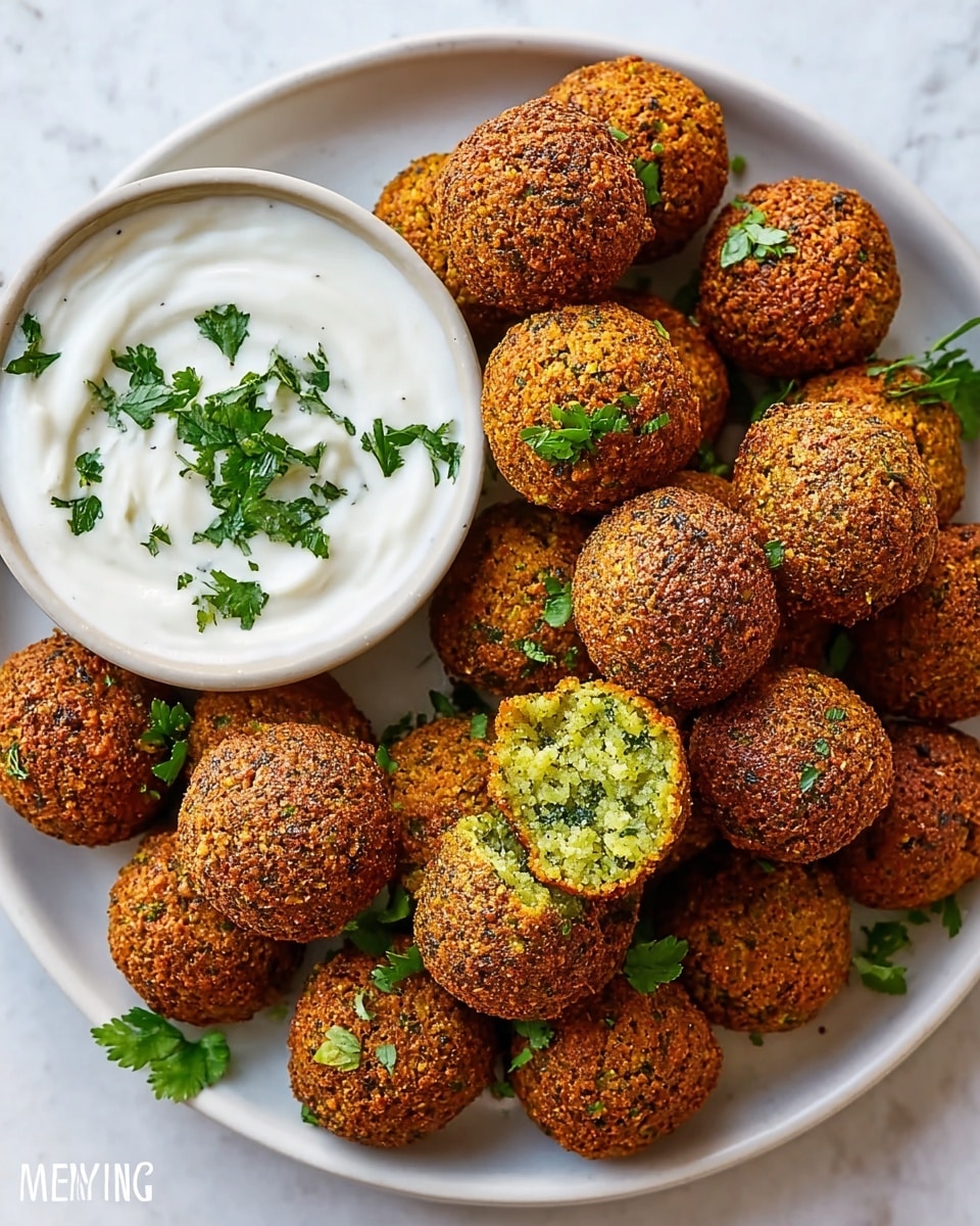 Large white plate filled with numerous perfectly round, crispy golden-brown falafel balls, one falafel shown with a vibrant green interior to reveal the texture inside, accompanied by a white bowl of creamy tahini sauce garnished with chopped fresh parsley, entire dish captured from a 3/4 angle on a white marble countertop with natural lighting, professional food magazine hero shot photo taken with an iphone --ar 4:5 --v 7