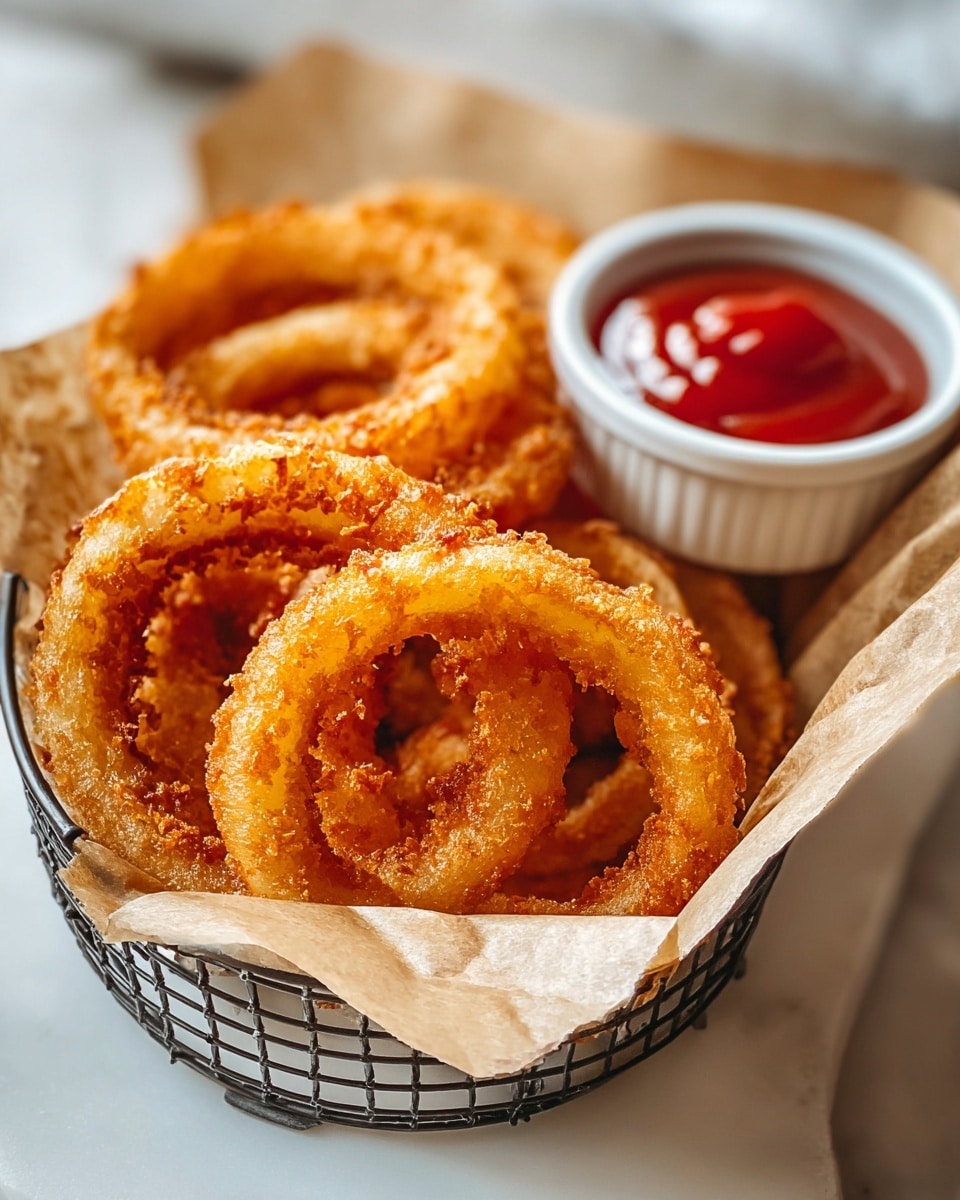 Large white serving basket lined with brown parchment paper filled with a full batch of golden, crispy onion rings, perfectly fried to a crunchy texture with visible bubbles on the batter, accompanied by a small white ramekin of vibrant red ketchup on a white marble countertop, natural lighting highlighting the appetizing details, professional food styling photo taken with an iphone --ar 4:5 --v 7