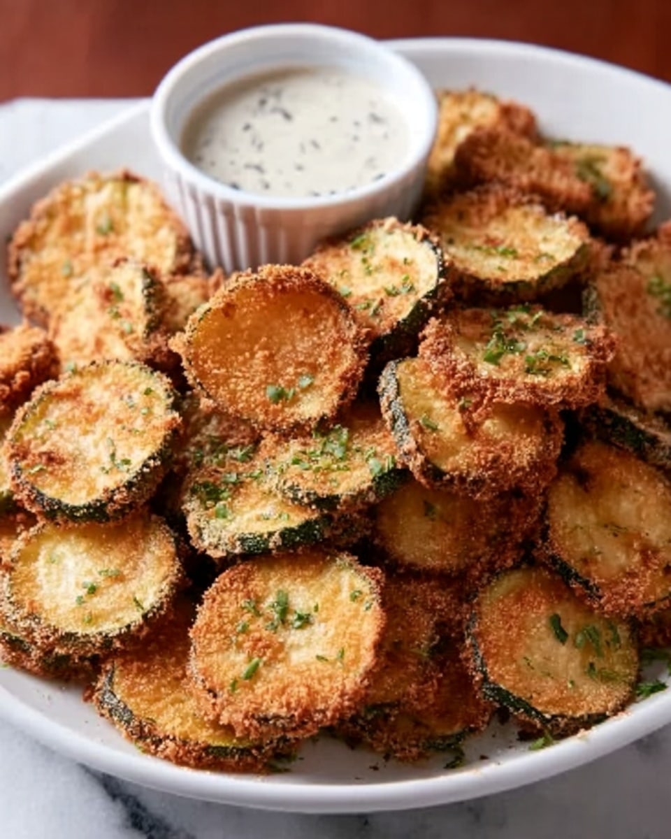 A large white oval serving platter heaped with an entire batch of golden, crispy fried zucchini rounds, perfectly breaded and garnished with finely chopped fresh herbs. Next to the full serving of zucchini slices, there is a small white ramekin filled with creamy, herb-speckled dipping sauce. The entire dish is styled on a white marble surface, photographed from a 3/4 angle to showcase the crispy texture and inviting presentation under soft natural lighting, reminiscent of a hero shot from a food magazine. photo taken with an iphone --ar 4:5 --v 7