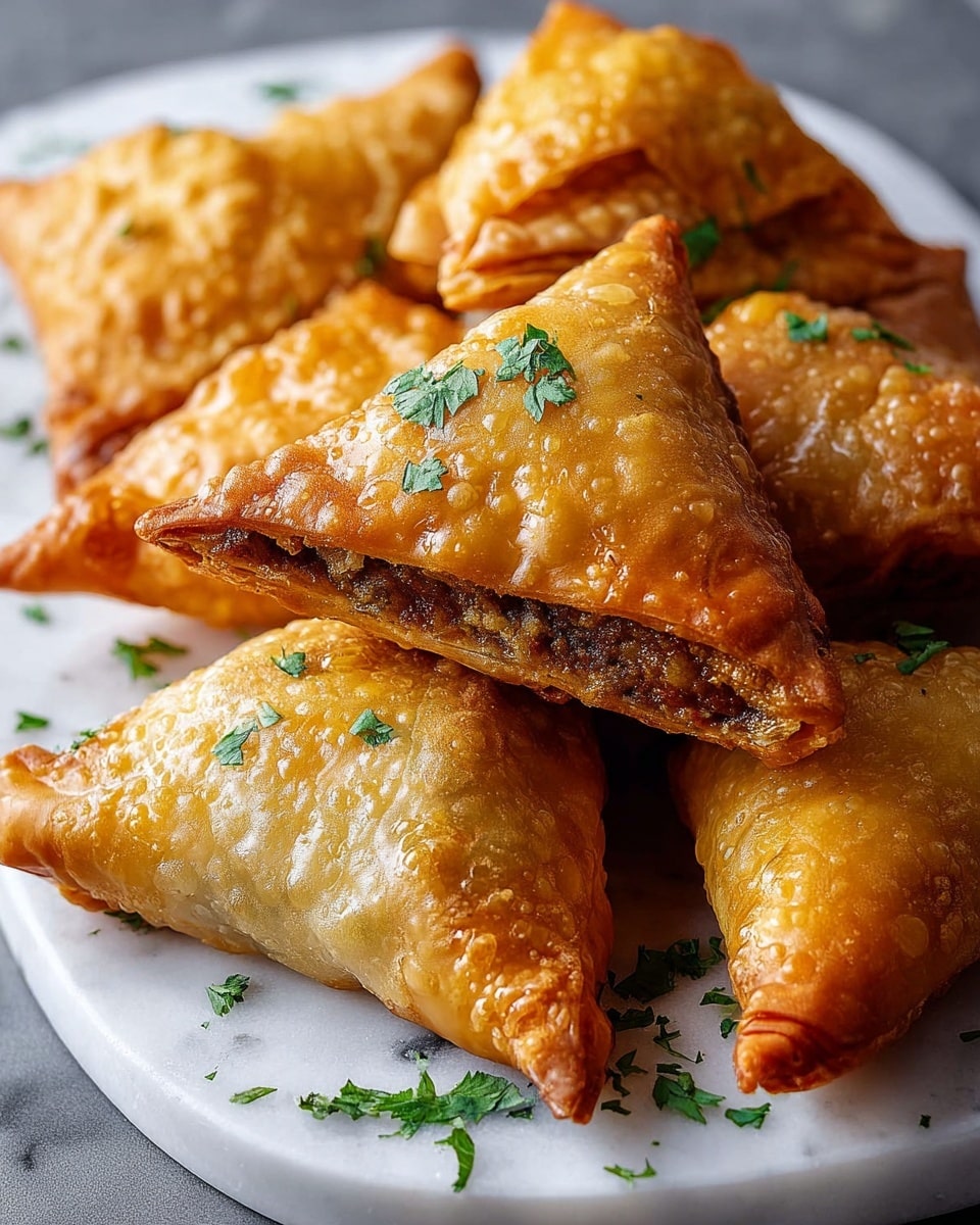 A white serving platter arranged with several whole golden-brown triangular samosas, each perfectly fried to a crisp with textured, flaky pastry, garnished lightly with fresh chopped cilantro, shot from a close 3/4 angle capturing the entire platter on a white marble countertop, natural lighting accentuating the rich, savory filling inside the samosas through a translucent pastry layer, professional food magazine hero shot, photo taken with an iphone --ar 4:5 --v 7
