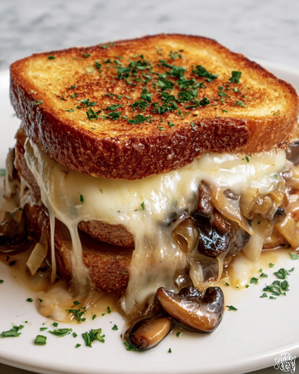 A large white rectangular plate showcasing a decadent whole cheesesteak sandwich piled high with sautéed mushrooms and melted provolone cheese oozing generously over tender slices of beef, the top toasted bread golden and sprinkled with fresh chopped parsley, all captured in a professional 3/4 angle shot with natural lighting on a white marble countertop, highlighting the rich textures and savory allure, photographed with an iphone --ar 4:5 --v 7
