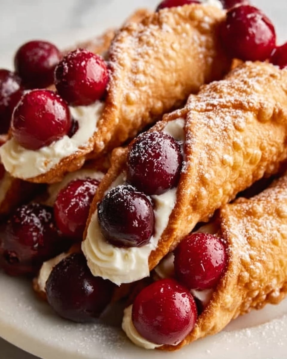 A large white serving platter showcasing a full batch of golden, crispy cannoli shells filled with smooth, creamy ricotta filling visible at the ends, each cannoli generously garnished with a handful of fresh, vibrant red cherries and dark red berries, arranged tightly side by side to highlight the entire assortment, captured with natural lighting on a white marble surface, styled professionally like a hero shot from a food magazine, photo taken with an iphone --ar 4:5 --v 7