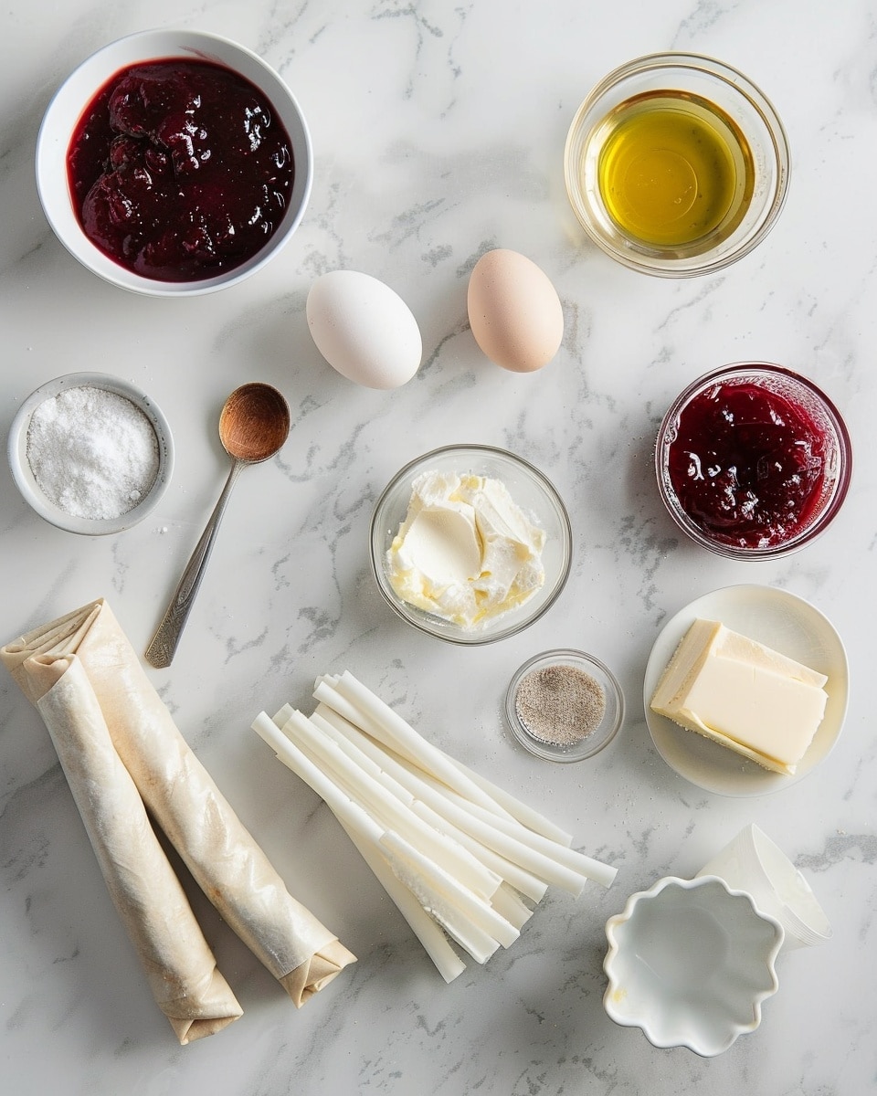 Single white plate presenting one crisp golden-brown rolled crepe filled with creamy ricotta cheese, sliced diagonally to reveal the smooth, soft interior contrasted with the textured, lightly fried exterior, topped with glistening fresh cherries and a few whole berries scattered around the plate, natural light highlighting the delicate bubbles on the crepe surface, white marble background providing an elegant setting, intimate close-up with angled depth showing layers and filling, styled like a food blog serving, photo taken with an iphone --ar 4:5 --v 7