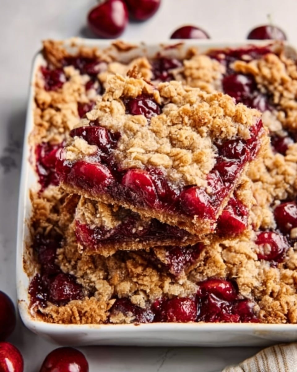 A large white rectangular baking dish filled with a whole cherry oat bar dessert, featuring a thick, golden-brown crumbly oat crust on top and bottom, generously packed with bright, plump cherries bursting through the filling, the entire uncut bar presented in a rustic, inviting style, photographed from a 3/4 angle on a white marble surface with natural lighting, styled like a hero shot from a food magazine, photo taken with an iphone --ar 4:5 --v 7