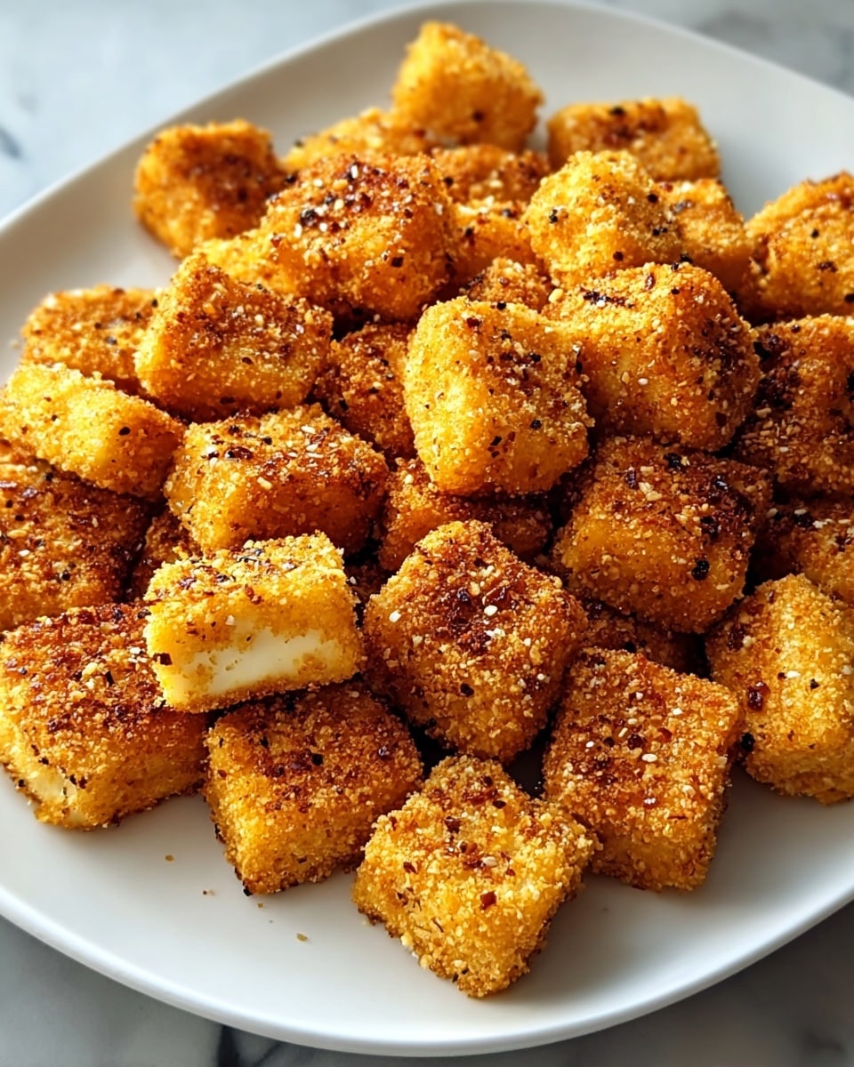 Large white serving platter filled with an ample arrangement of golden, crispy fried paneer cubes, each perfectly coated with a seasoned cornmeal crust, glowing under natural light on a white marble background, showcasing the entire uncut dish with a professional food magazine hero shot style, photo taken with an iphone --ar 4:5 --v 7