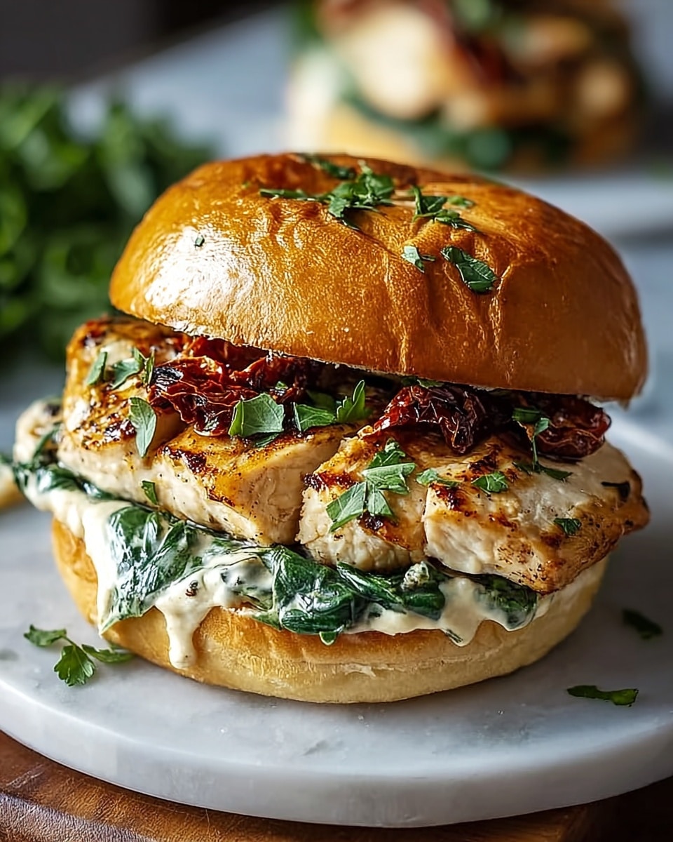 Whole white plate with a full, uncut grilled chicken sandwich featuring a golden, toasted bun topped with fresh chopped parsley, layers of tender grilled chicken, creamy sauce with spinach, and sun-dried tomatoes arranged inside, photographed at a 3/4 angle on a white marble countertop with natural lighting, styled as a hero food magazine shot, photo taken with an iphone --ar 4:5 --v 7
