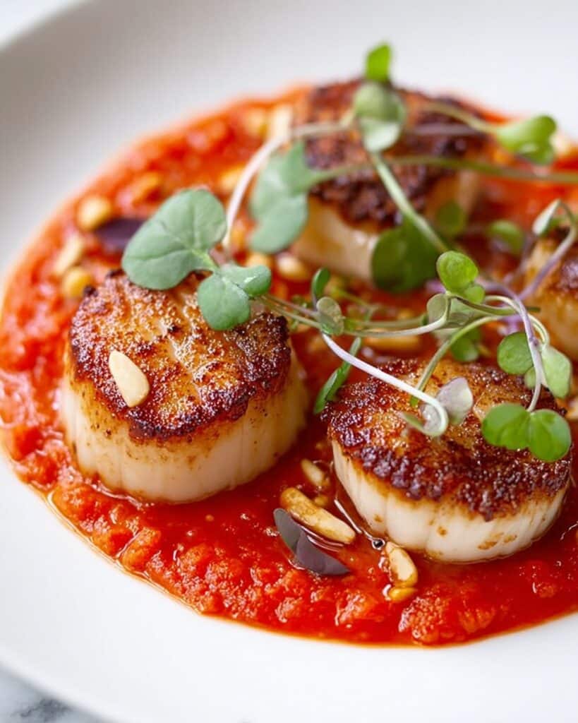 Pan Seared Scallops with Roasted Red Pepper Sauce Recipe