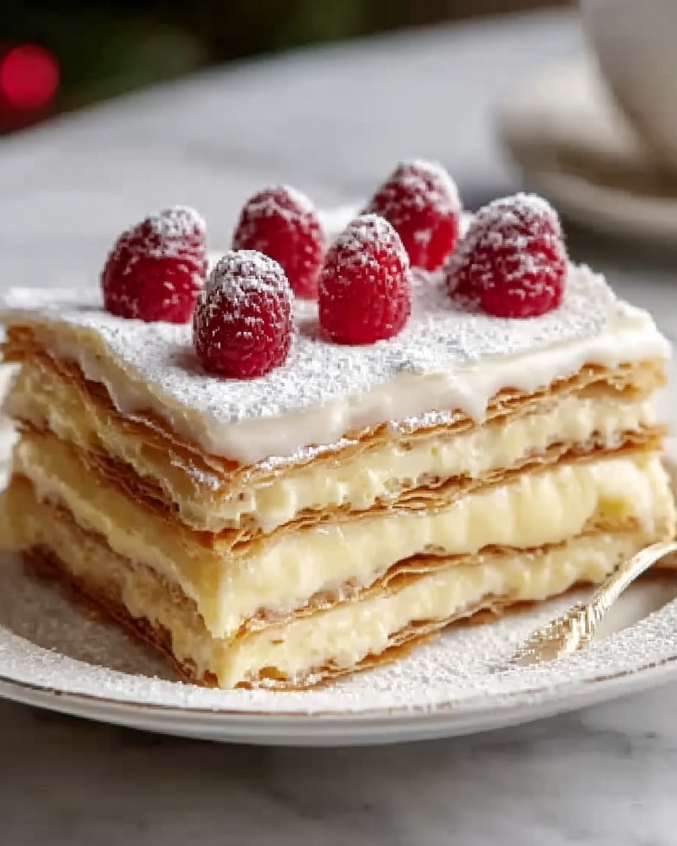 A large white rectangular serving dish showcasing the entire layered mille-feuille pastry, featuring multiple delicate layers of flaky puff pastry and creamy custard filling, topped with a smooth glaze dusted lightly with powdered sugar and adorned with fresh raspberries evenly spaced for an elegant finish, photographed from a 3/4 angle on a pristine white marble background under natural lighting, capturing the full grandeur of the classic French dessert as a hero food magazine shot, photo taken with an iphone --ar 4:5 --v 7