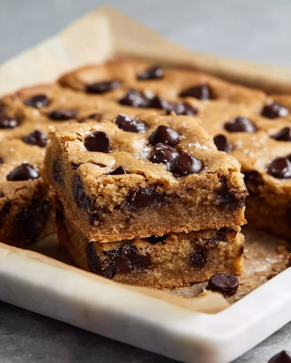 Large white square baking pan filled with a whole freshly baked chocolate chip blondie bar, golden brown and dotted generously with melted chocolate chips, edges slightly crisp with a soft, chewy center visible through the top, entire dish presented in a professional 3/4 angle shot, set on a white marble surface with natural lighting, styled like a high-end food magazine hero image, photo taken with an iphone --ar 4:5 --v 7