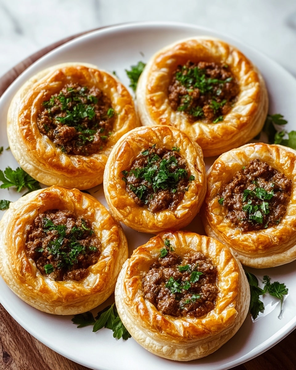 Large white serving platter showcasing a full batch of freshly baked meat pies with golden, flaky puff pastry crusts, each perfectly shaped with crimped edges and filled generously with savory minced spiced beef topped with finely chopped fresh parsley, arranged neatly in a circle, displayed on a white marble countertop with natural lighting highlighting the glossy, buttery texture of the crust, professional food styling photo taken with an iphone --ar 4:5 --v 7