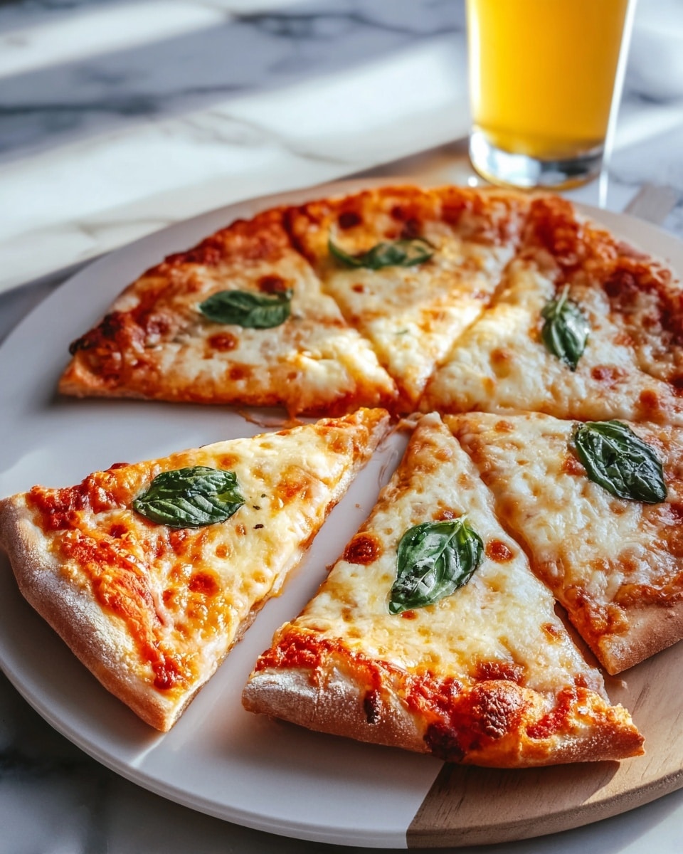 Whole uncut classic margherita pizza on a round white plate, topped with bubbling melted mozzarella cheese, fresh basil leaves scattered evenly, and a golden, lightly crisped crust, shot at a 3/4 angle on a pristine white marble surface with natural lighting highlighting the textures, styled as a food magazine hero shot, photo taken with an iphone --ar 4:5 --v 7