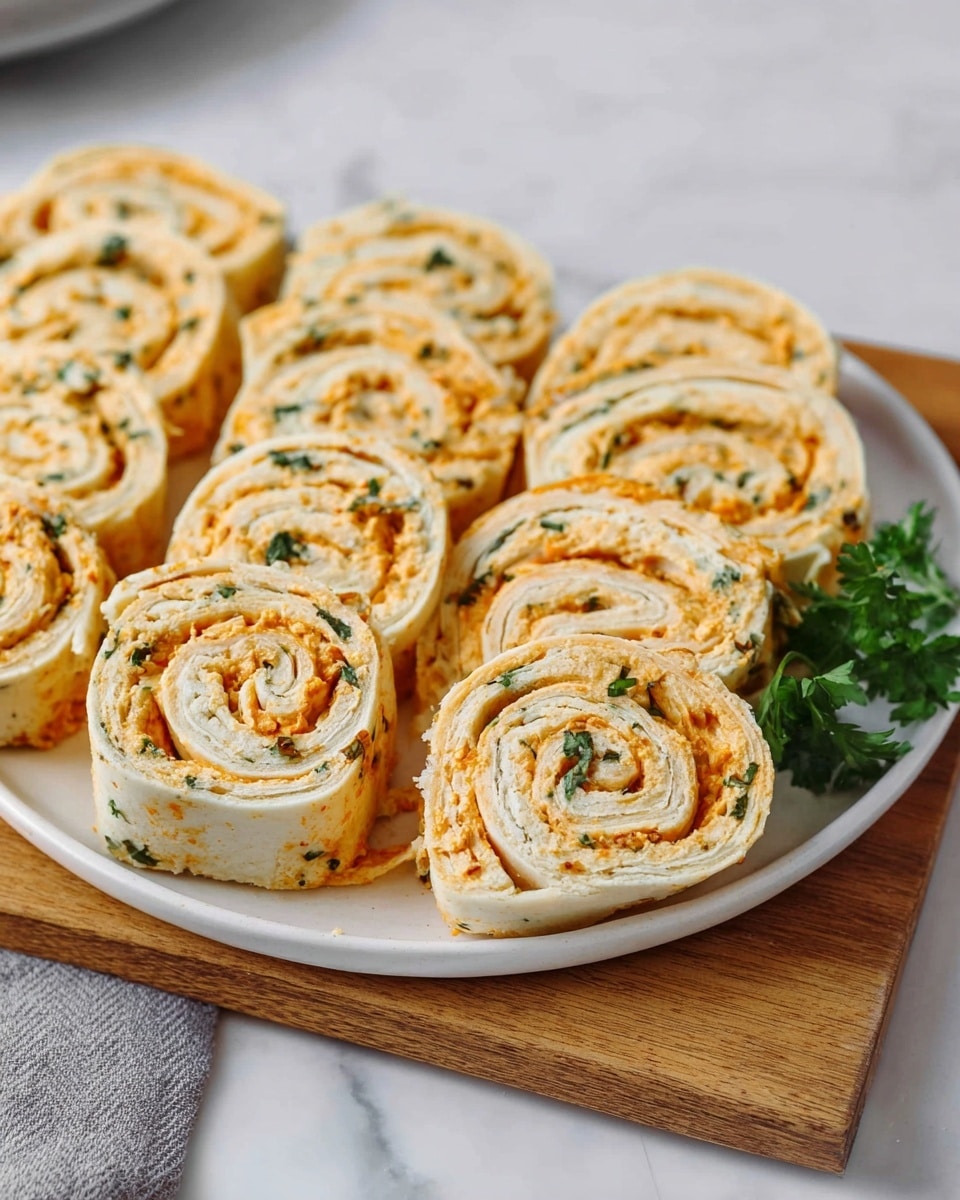 Large white rectangular platter showcasing a complete array of savory tortilla pinwheel rolls, evenly sliced and tightly packed in rows, with visible layers of creamy orange spread and finely chopped green herbs, the full dish presented on a white marble countertop under natural lighting, styled like a hero shot in a gourmet food magazine, photo taken with an iphone --ar 4:5 --v 7