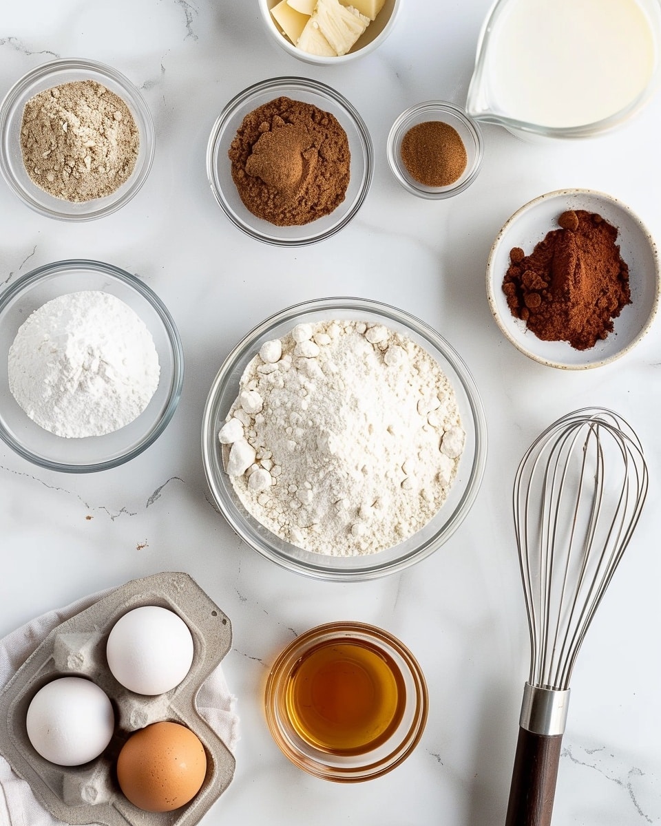 A large white rectangular baking dish filled with a whole freshly baked pecan blondie bar, golden brown and perfectly even on top, decorated with whole pecan halves scattered artfully across the surface, and a smooth layer of glossy, creamy frosting lightly dusted with cinnamon or nutmeg. The full uncut blondie bar is photographed from a 3/4 angle on a white marble countertop with natural lighting, styled as a hero food magazine shot. Photo taken with an iphone --ar 4:5 --v 7