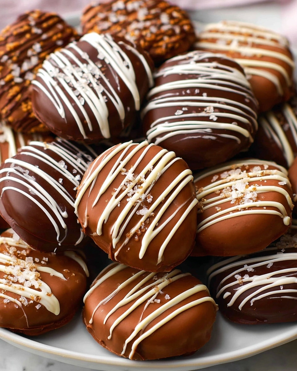 Large white platter filled with an assortment of whole chocolate covered cookies and confections, featuring smooth milk chocolate coating with elegant drizzles of white and dark chocolate on top, some sprinkled with coarse sea salt crystals, arranged neatly to showcase variety and richness, photographed from a close 3/4 angle on a white marble surface with natural lighting, professional food magazine hero shot, photo taken with an iphone --ar 4:5 --v 7