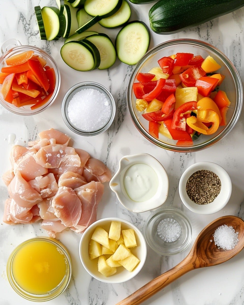 Single white rectangular plate with one grilled chicken and vegetable skewer, featuring charred cubes of tender chicken, vibrant red bell pepper, yellow squash, zucchini slices, and purple onion, sprinkled with fresh chopped herbs, close-up angle revealing grill marks and juicy texture of the chicken, placed on white marble surface, natural lighting, styled food blog intimate plated serving photo taken with an iphone --ar 4:5 --v 7