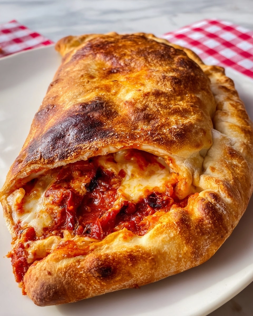 Large white serving platter displaying a whole golden-brown calzone, perfectly baked with a crisp, slightly blistered crust, generously stuffed with melted mozzarella cheese, rich tomato sauce, and chunks of red peppers visible through the partially puffed dough, whole calzone presented on a clean white marble background with natural lighting, styled as a professional hero food shot photo taken with an iphone --ar 4:5 --v 7