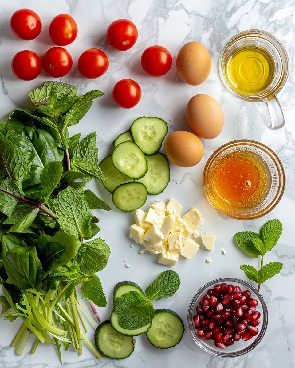 Single white plate with a close-up serving of a golden-brown grilled halloumi slice resting on a bed of fresh mixed greens, halved cherry tomatoes, thin cucumber slices, and scattered ruby red pomegranate seeds, garnished with vibrant green mint leaves, showing the crispy exterior and soft, slightly textured interior of the cheese, natural lighting highlighting the glossy, fresh vegetables and the cheese’s delicate char marks, white marble surface beneath, intimate plated serving photo taken with an iphone --ar 4:5 --v 7