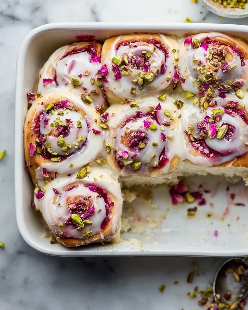 White rectangular baking dish filled with a full batch of freshly baked raspberry pistachio cinnamon rolls, each roll generously topped with creamy white icing, vibrant raspberry jam swirls, and sprinkled with chopped pistachios and rose petals, the entire uncut dish presented with soft natural lighting on a white marble countertop, styled as a professional food magazine hero shot, photo taken with an iphone --ar 4:5 --v 7