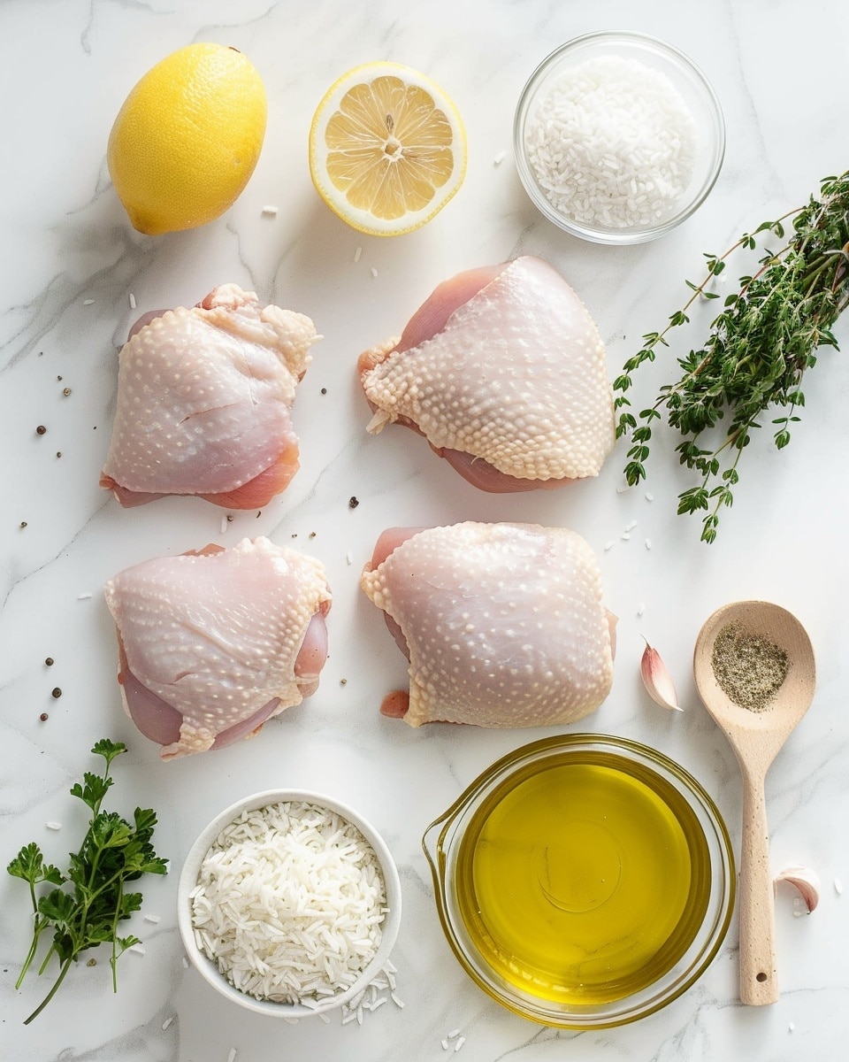 Single white plate featuring one juicy, herb-crusted roasted chicken thigh resting on a bed of fluffy white rice, garnished with a fresh sprig of rosemary and a vibrant lemon wedge on the side, close-up angle revealing the crispy golden-brown skin textured with herbs and the moist interior of the tender chicken, natural lighting highlighting the glistening surface, set on a white marble background, intimate plated serving photo taken with an iphone --ar 4:5 --v 7