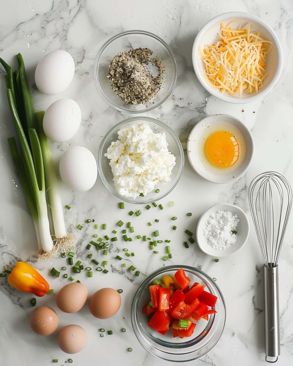 Single white plate featuring one portion of a savory mini egg muffin loaded with finely chopped red bell peppers, green onions, and melted shredded cheese on top, close-up angled shot revealing the fluffy, airy texture inside, golden brown edges with specks of black pepper, natural light enhancing the vibrant colors, white marble surface background, styled like a food blog individual serving photo taken with an iphone --ar 4:5 --v 7