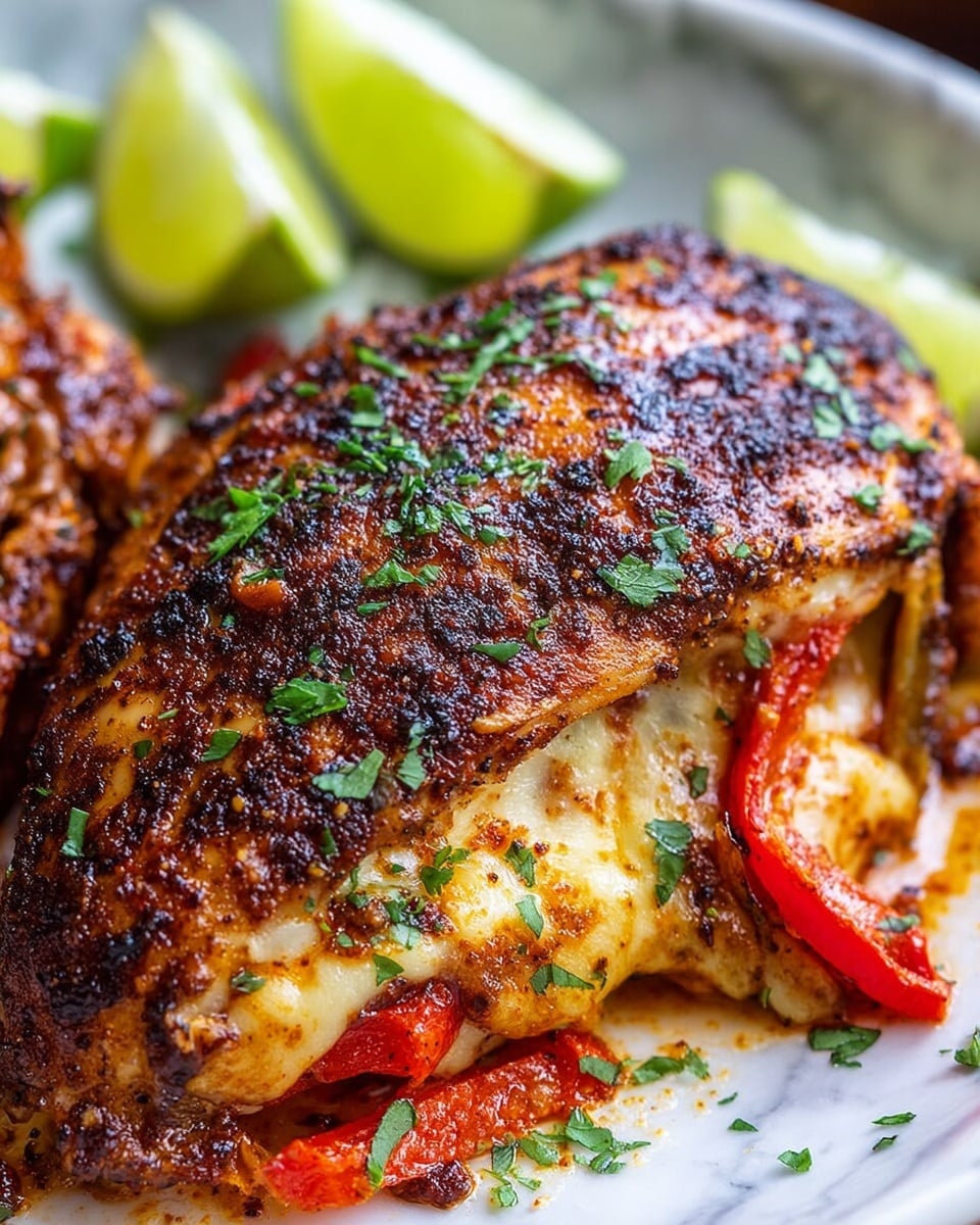 Large white ceramic baking dish filled with a whole batch of stuffed chicken, featuring golden-browned, perfectly seasoned chicken pieces layered over melted cheese and sautéed red bell peppers, garnished generously with finely chopped fresh parsley, and accompanied by lime wedges on the side, presented at a 3/4 angle shot on a white marble countertop with natural lighting, styled like a hero shot from a food magazine, photo taken with an iphone --ar 4:5 --v 7