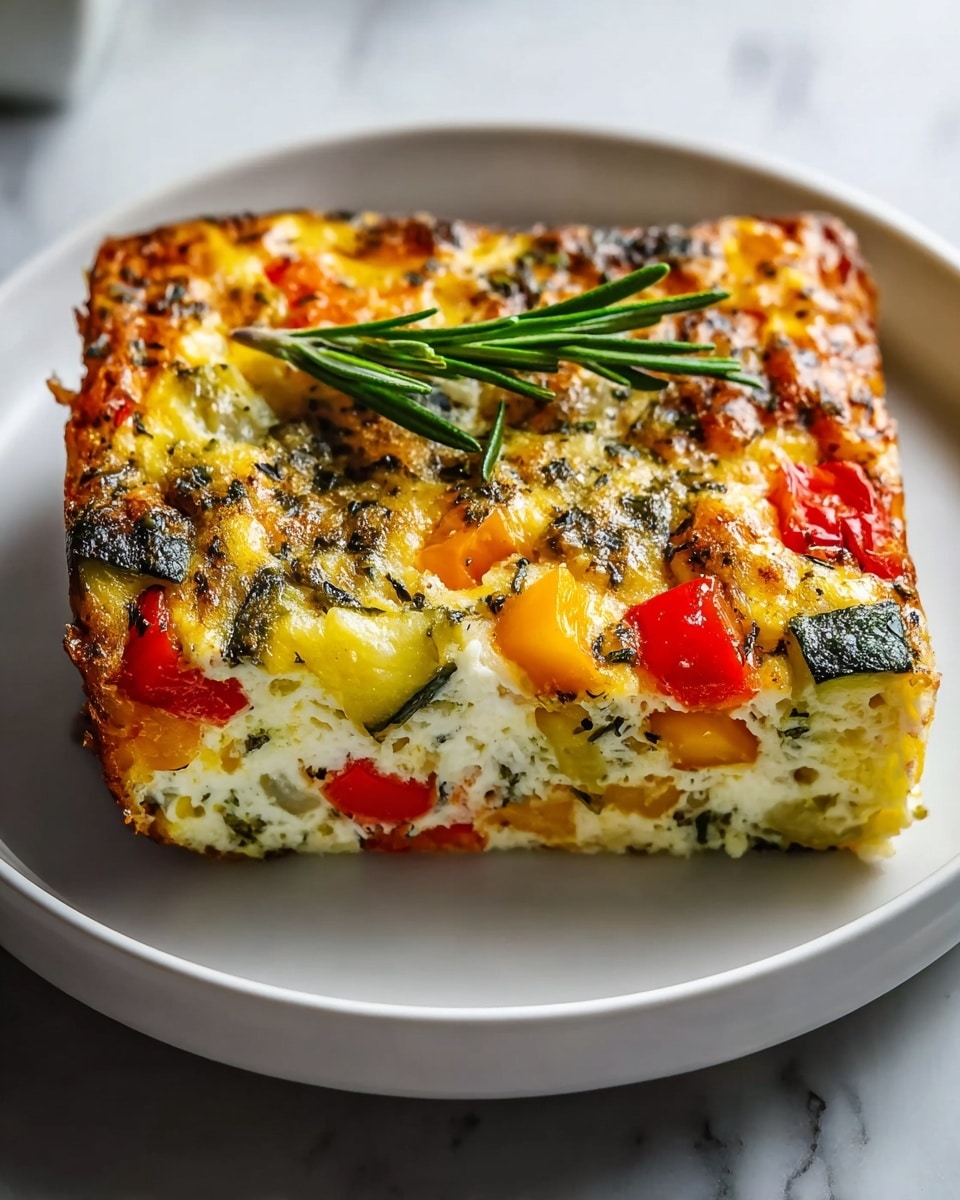 White rectangular baking dish filled with a golden-brown vegetable frittata, showing vibrant chunks of red bell pepper, orange squash, green herbs, and creamy cheese throughout, topped with a sprig of fresh rosemary, photographed from a 3/4 angle on a white marble countertop with natural lighting, professional food magazine hero shot, photo taken with an iphone --ar 4:5 --v 7