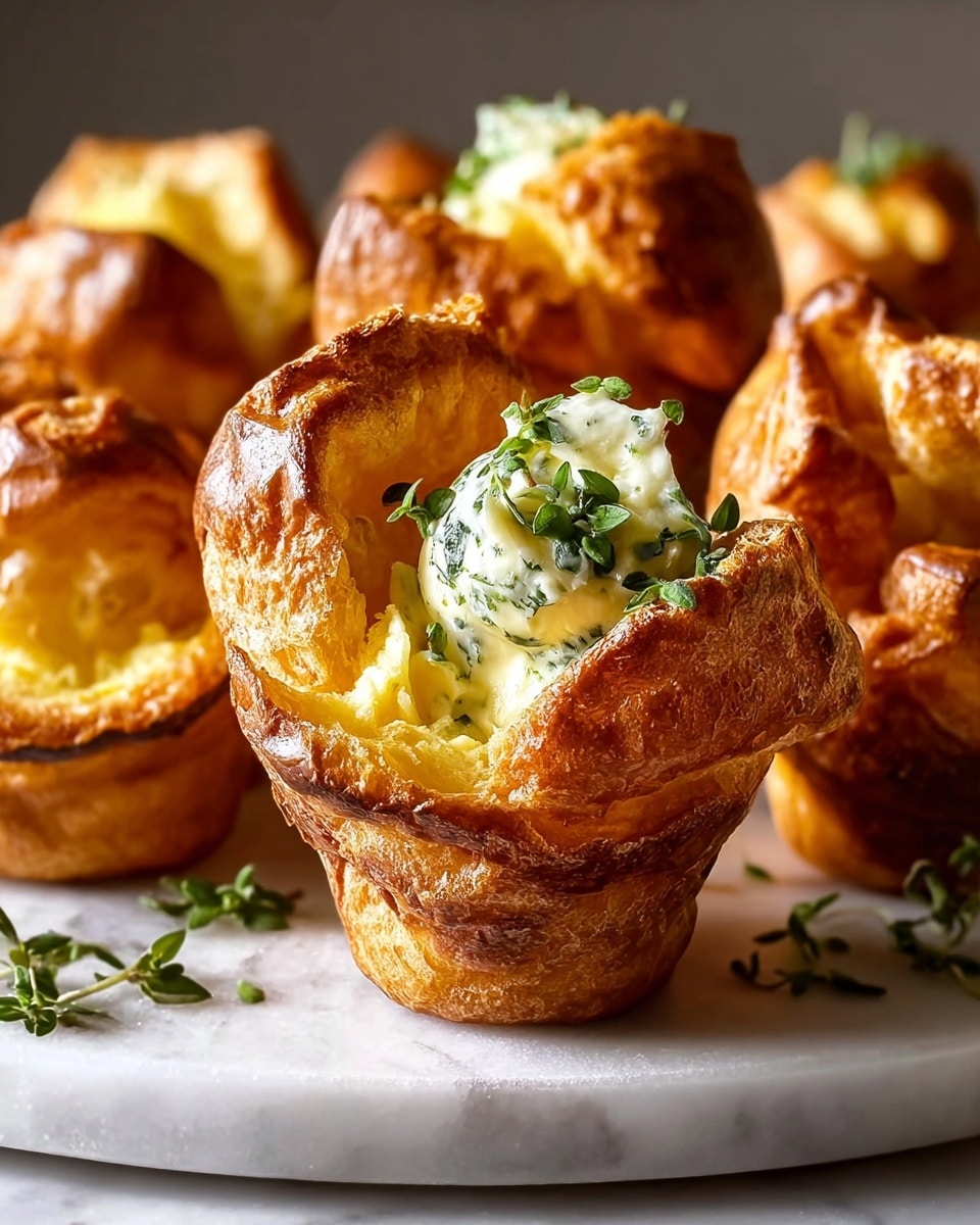 A white serving platter filled with multiple golden-brown popovers, each puffy and perfectly risen with a crisp, flaky exterior, topped with creamy herbed butter melting slightly into the warm pastry, garnished with fresh green herbs scattered artistically on the platter, whole dish photographed from a 3/4 angle on a white marble countertop with natural lighting, professional food magazine style hero shot, photo taken with an iphone --ar 4:5 --v 7