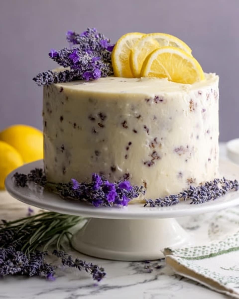 A whole, tall lavender lemon cake displayed on a white round cake stand, fully covered in smooth white icing with visible lavender specks embedded throughout. The cake is garnished on top with thin lemon slices arranged in a delicate pattern, and clusters of fresh purple lavender flowers. Around the base of the cake stand, extra sprigs of lavender add a rustic charm. The entire cake is presented with pristine edges, highlighting its moist, fluffy texture inside. The background is a white marble surface with soft natural lighting, capturing an elegant and fresh artisan dessert, professional food styling photo taken with an iphone --ar 4:5 --v 7