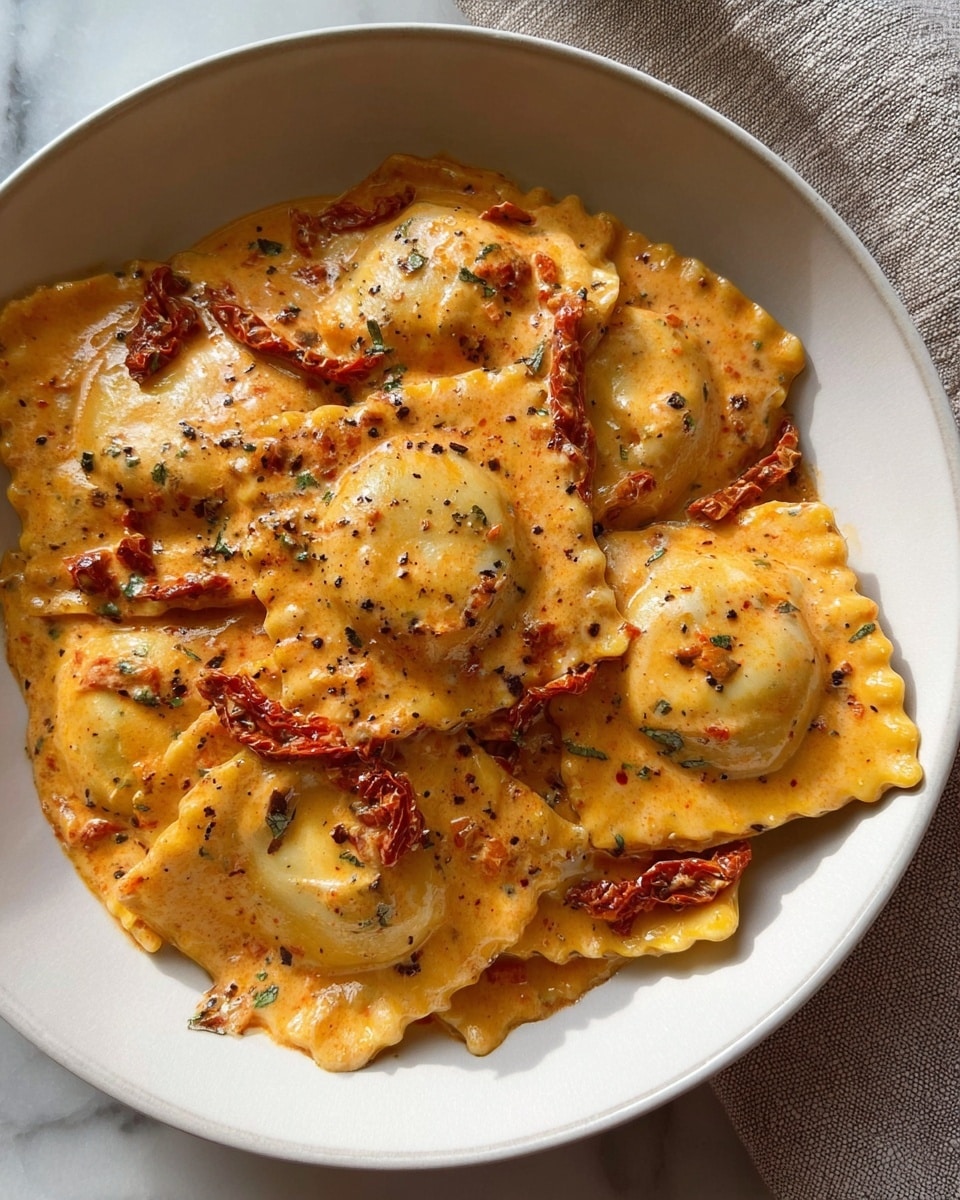 Large white serving bowl filled with a generous portion of cheese ravioli in creamy tomato sauce, garnished with sun-dried tomatoes and sprinkled with black pepper and Italian herbs, all ravioli whole and evenly coated in sauce, photographed at a 3/4 angle on a white marble countertop with natural lighting, professional food magazine hero shot photo taken with an iphone --ar 4:5 --v 7