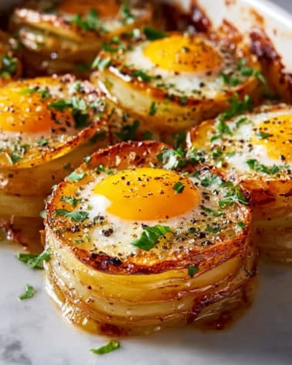 A large white rectangular baking dish filled with a baked egg and potato tower casserole, featuring multiple stacked layers of golden, crispy roasted potato slices interspersed with perfectly cooked sunny-side-up eggs on top of each tower, garnished with finely chopped fresh herbs and cracked black pepper, the whole dish captured from a professional 3/4 angle shot on a white marble surface under natural lighting, resembling a hero shot from a food magazine, photo taken with an iphone --ar 4:5 --v 7