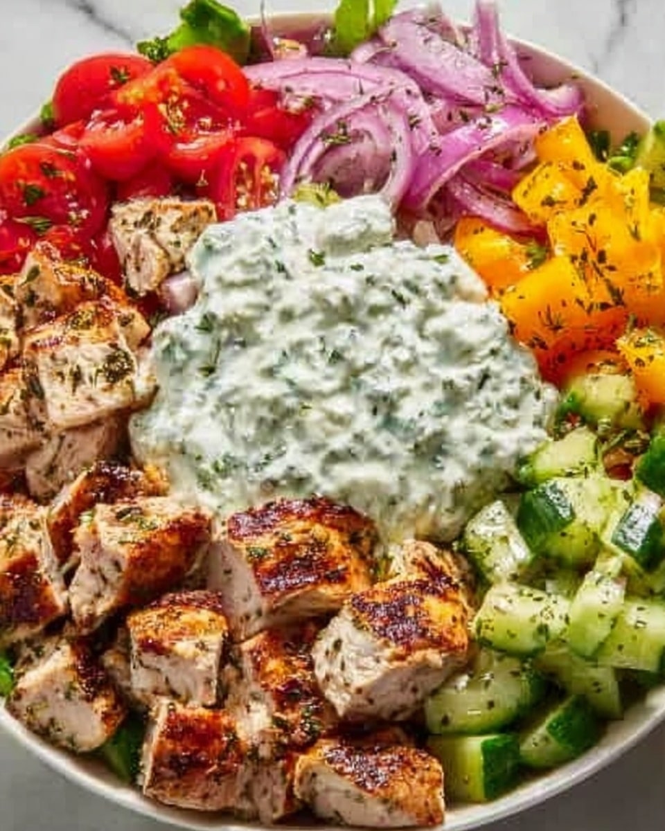 Large white bowl filled with a vibrant Greek salad featuring an abundance of grilled chicken pieces perfectly seasoned, generous portions of diced cucumbers, ripe tomato wedges, crisp bell peppers, and sliced red onions, topped with a thick layer of creamy tzatziki sauce speckled with fresh herbs, all arranged harmoniously to showcase the freshness and variety of ingredients, photographed from a 3/4 angle on a white marble surface under natural lighting, professional food styling, photo taken with an iphone --ar 4:5 --v 7