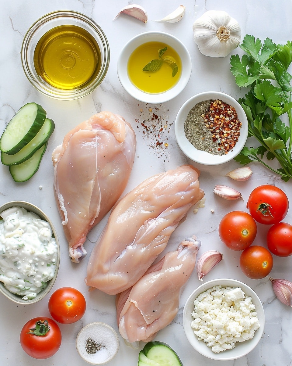Single white plate with one neatly sliced portion of grilled chicken arranged over a bed of vibrant chopped salad featuring cucumbers, tomatoes, and leafy greens, topped generously with creamy tzatziki sauce revealing herbed yogurt texture and diced cucumber pieces, close-up angled shot emphasizing the juicy interior of the chicken slices and the fresh crispness of the salad, all placed on a white marble surface with natural lighting, styled as an individual plated serving photo taken with an iphone --ar 4:5 --v 7