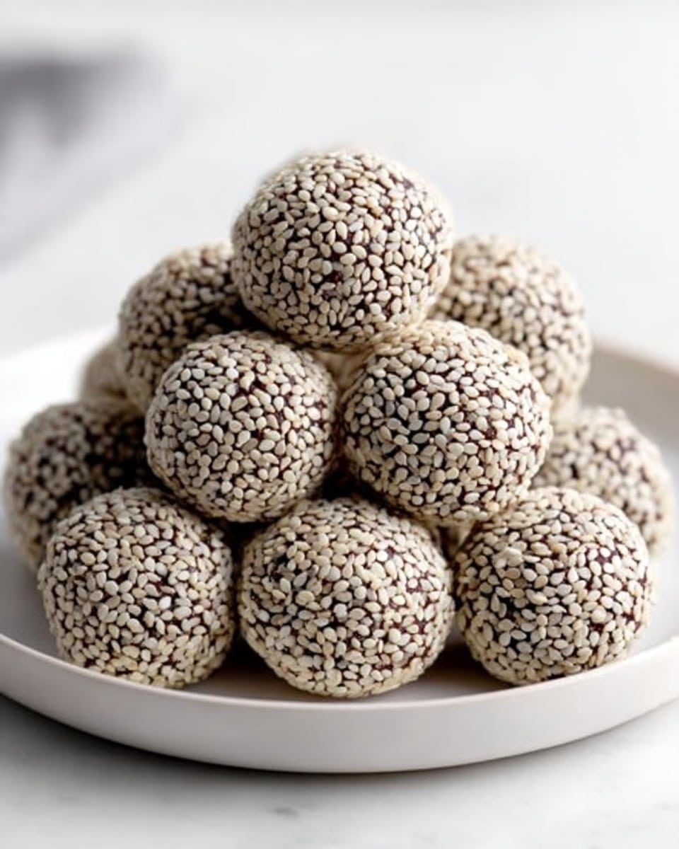 A pristine white round plate heaped with numerous perfectly formed sesame-coated chocolate truffles, each ball uniformly covered in a layer of white sesame seeds, showcasing a dense, rich chocolate interior beneath the seeds, arranged in an inviting pile that highlights the texture contrast between the smooth chocolate and crunchy sesame, shot in natural daylight on a white marble background with impeccable food styling, professional overhead photo taken with an iphone --ar 4:5 --v 7