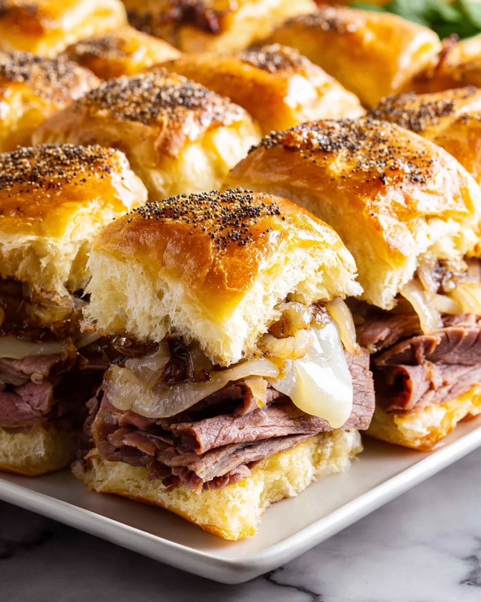 A large white serving platter filled with a complete tray of crisp slider sandwiches stacked high with layers of thinly sliced roast beef, melted provolone cheese, and caramelized onions inside golden, soft slider buns topped with coarse black pepper and poppy seeds, arranged perfectly in rows to showcase the full appetizing dish, photographed at a 3/4 angle on a white marble countertop with natural light, professional food styling photo taken with an iphone --ar 4:5 --v 7
