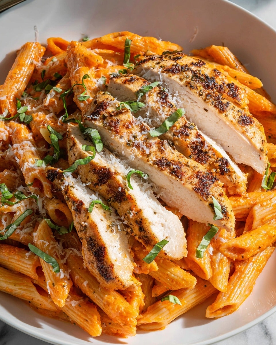 Large white bowl filled with a generous serving of creamy tomato-based penne pasta, topped with multiple slices of seasoned and perfectly grilled chicken seasoned with cracked black pepper and dried herbs, garnished with fresh basil ribbons and shaved Parmesan cheese, photographed from a 3/4 angle on a white marble countertop with natural lighting, professional food magazine hero shot, photo taken with an iphone --ar 4:5 --v 7