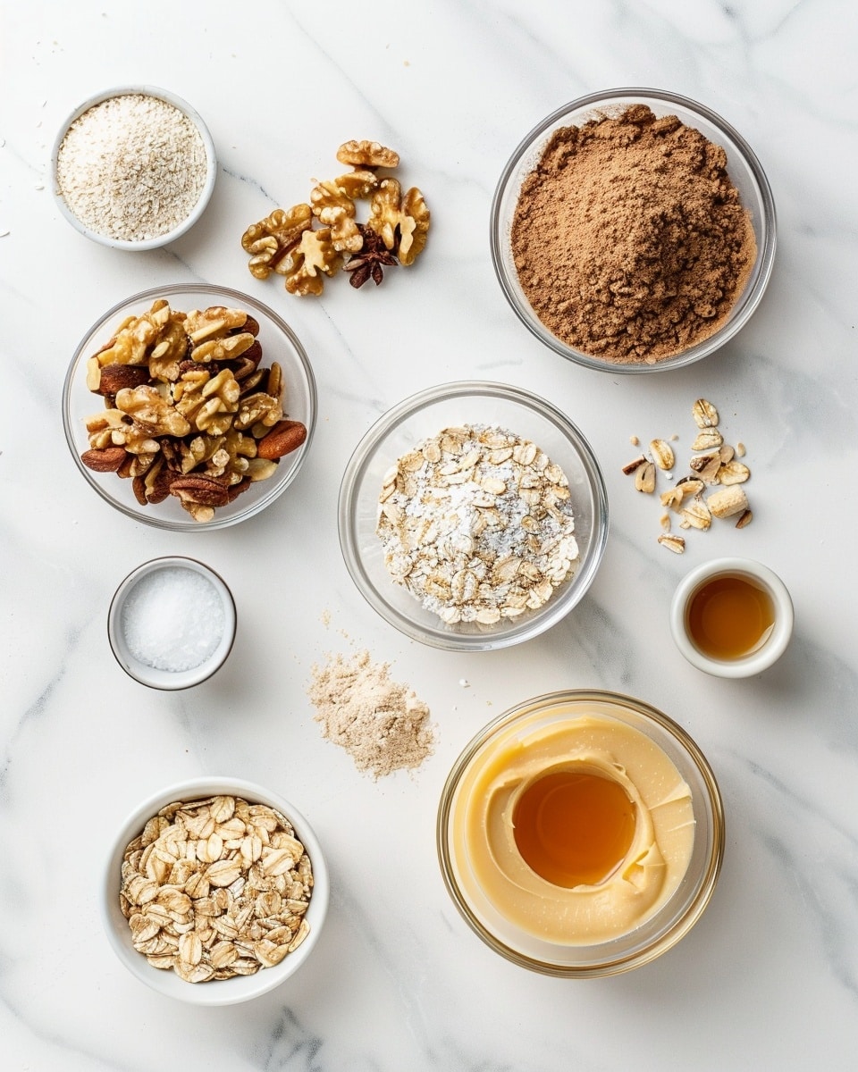 A single white plate featuring one energy ball sliced in half to reveal its dense, chewy interior packed with oats and bits of nuts, close-up angled shot highlighting the glossy, textured surface and layers of rolled oats embedded throughout, with a couple of walnut halves artfully placed beside the serving on a white marble background, natural sunlight casting soft shadows, styled like a food blog post, photo taken with an iphone --ar 4:5 --v 7