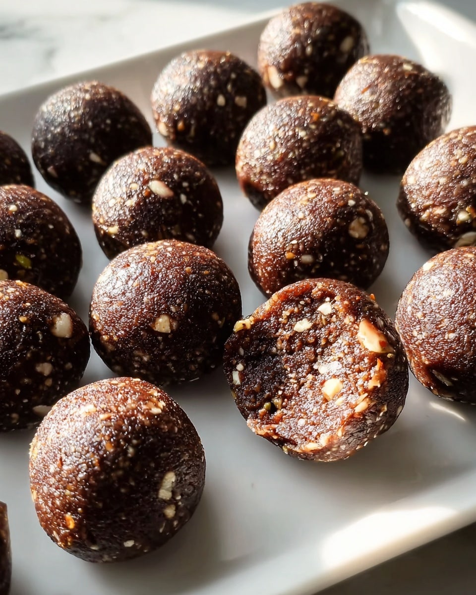 White rectangular platter filled with multiple round, glossy chocolate energy balls densely packed with nuts and seeds, one showing a bite revealing a rich, dense interior texture, arranged neatly in rows, photographed from a 3/4 angle on a white marble surface with natural lighting, professional food styling photo taken with an iphone --ar 4:5 --v 7