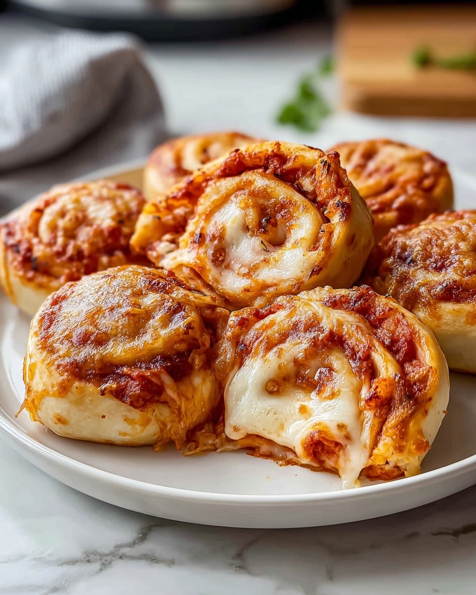 Large white plate showcasing a whole batch of freshly baked pizza rolls stuffed with melted mozzarella cheese and savory tomato sauce, golden and bubbly on top with a perfectly baked crust, arranged neatly side by side to display the full serving, photographed from a 3/4 angle on a white marble countertop with natural lighting, styled like a hero shot from a food magazine, photo taken with an iphone --ar 4:5 --v 7