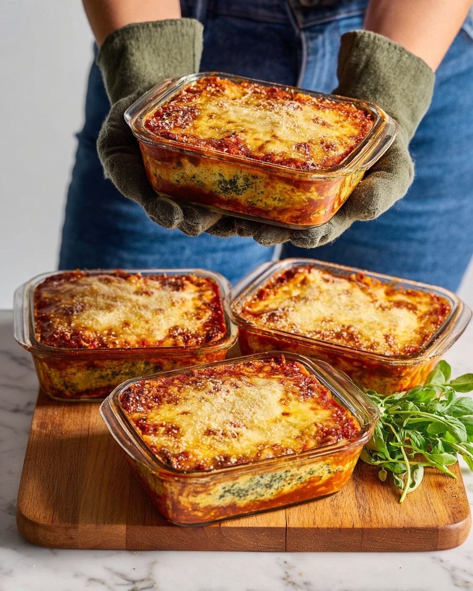 Four full glass baking dishes filled with layered baked casserole featuring a golden melted cheese crust, vibrant tomato sauce, and visible green herb or vegetable layers, arranged neatly on a wooden board, photographed from a 3/4 angle on a white marble background with natural lighting, professional food magazine hero shot, photo taken with an iphone --ar 4:5 --v 7