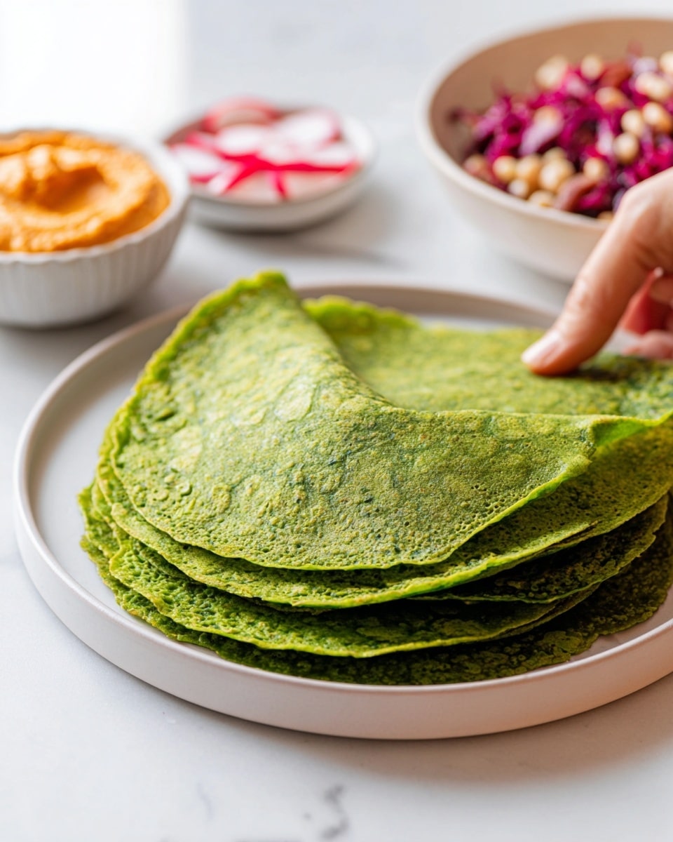 Stack of whole, vibrant green spinach flatbreads arranged neatly on a large white plate, showcasing their delicate lacy texture and even circular shape, accompanied by side bowls filled with creamy orange-red hummus, a colorful mixed bean and cabbage salad, and thinly sliced pickled radishes, all placed on a clean white marble surface with soft natural lighting, presenting a fresh and inviting meal setup, professional food magazine hero shot, photo taken with an iphone --ar 4:5 --v 7